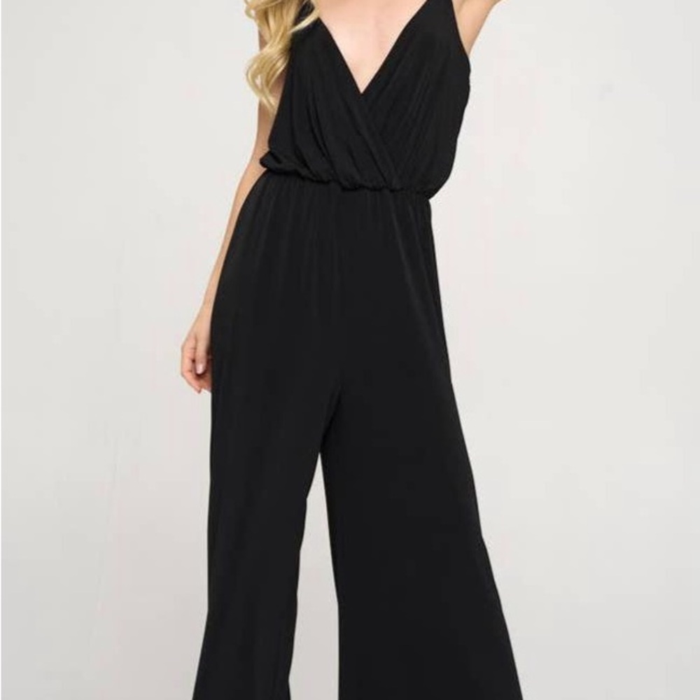 Renee C Black Wrap-Style Jumpsuit with Palazzo Pants